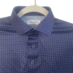 NEW Collars & Co Polo Shirt Mens Small Blue White Dot Dress Collar Golf Buttons